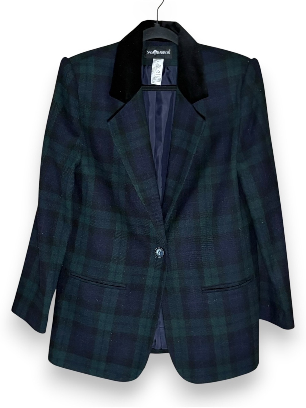 Vintage Sag Harbor Green Blue Plaid Wool Blend Blazer Size 10 Preppy Old Money